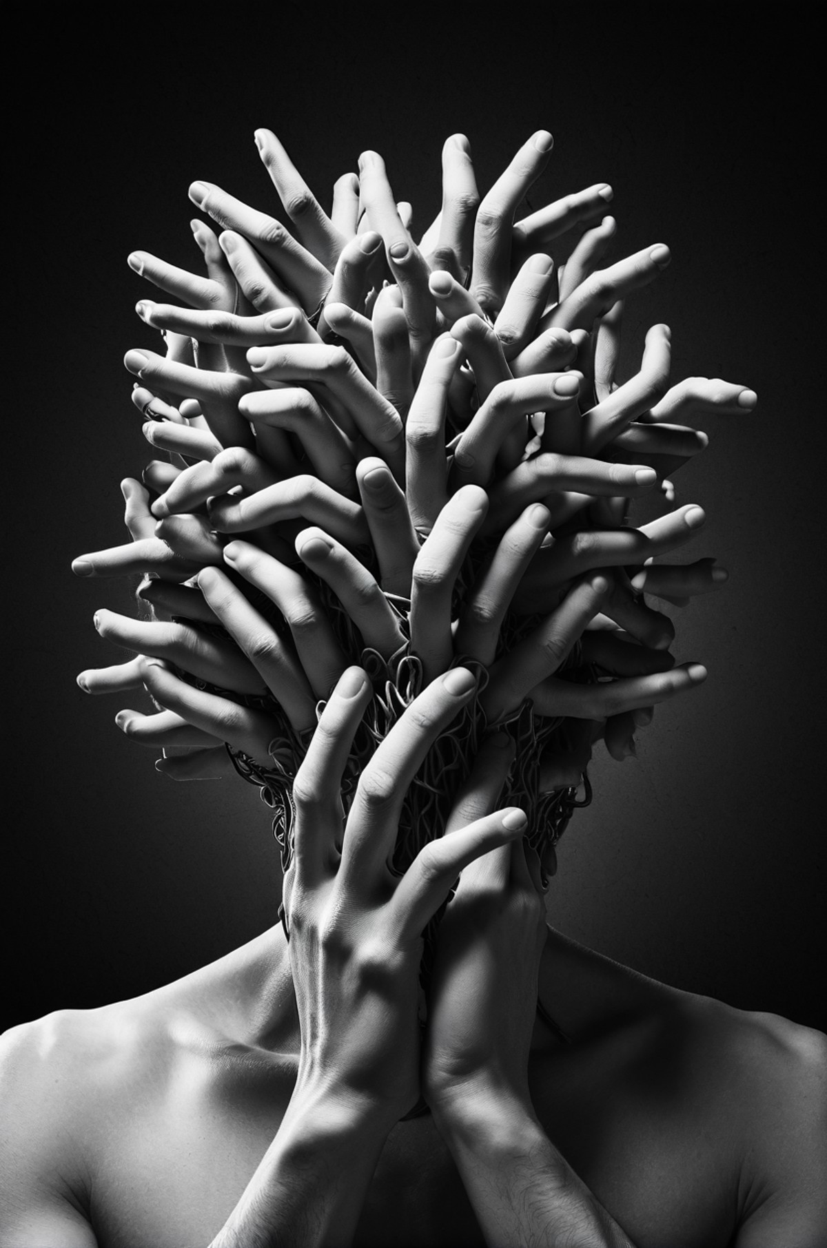 Surreal portrait, human head composed of numerous entwined fingers, rich textures evoking depth, shadowy ambiance highligh...